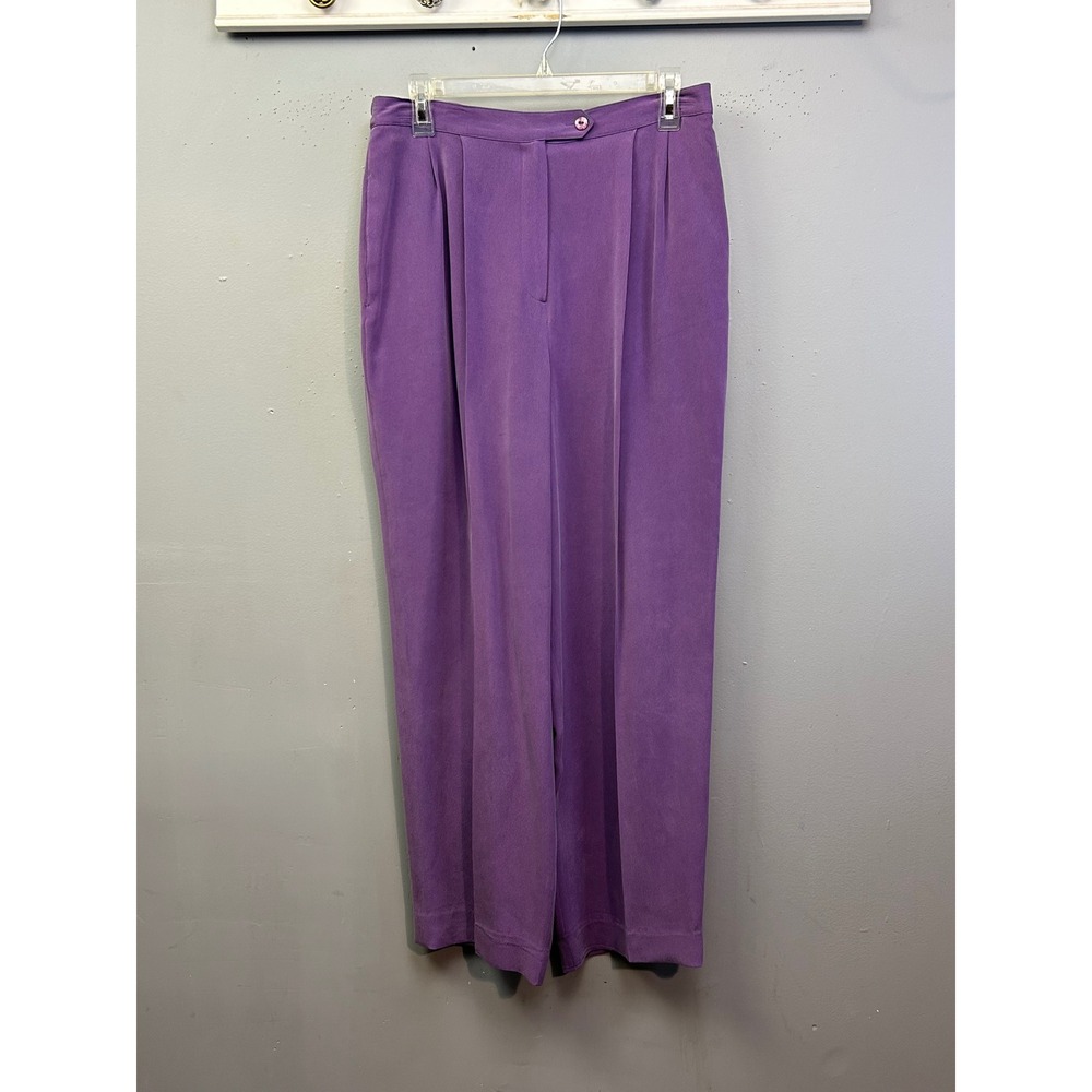 Dressbarn Pants Womens 12 Purple 100% Silk Pleated High Rise Wide Leg Trousers